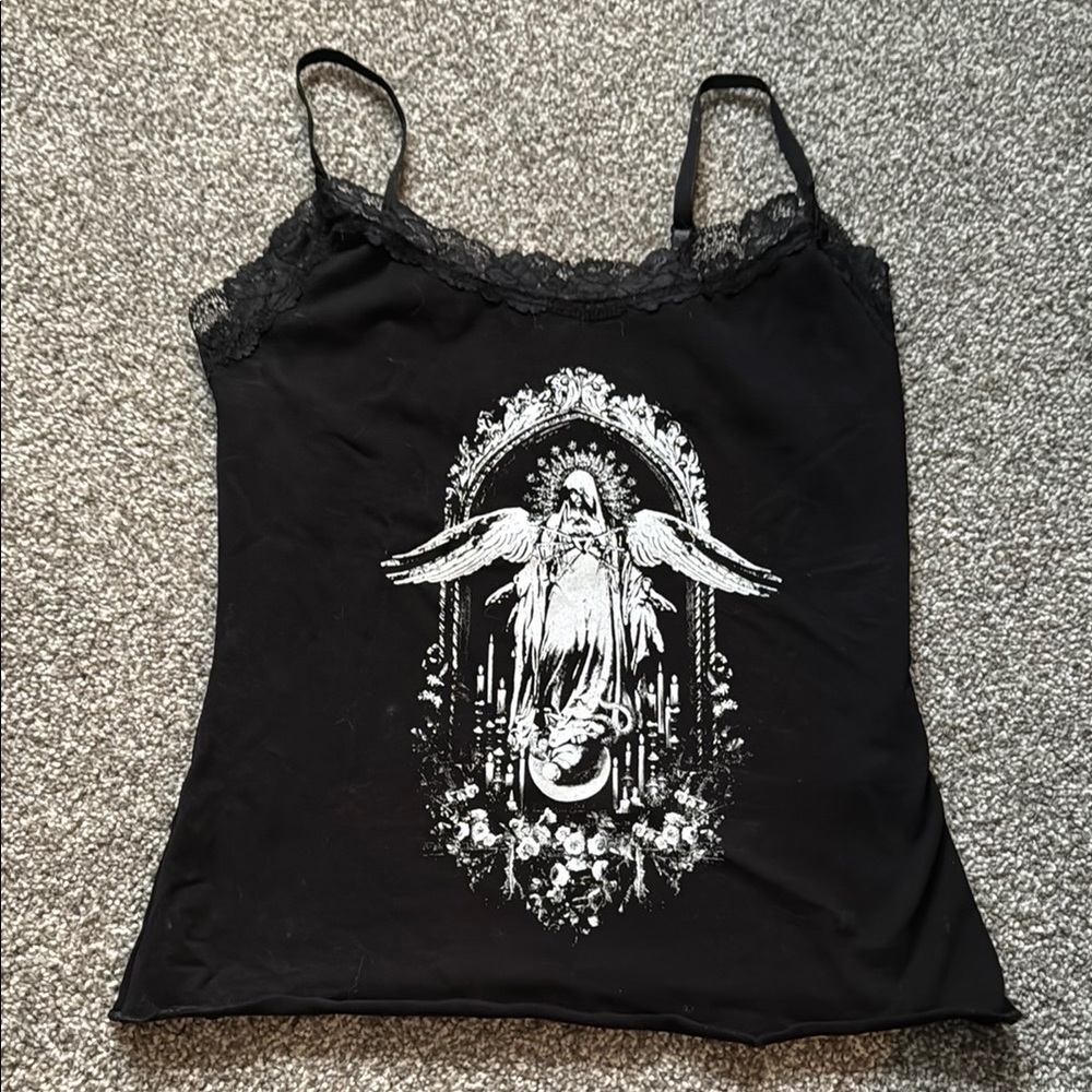Dolls Kill Black Camisole with Angel Graphic
